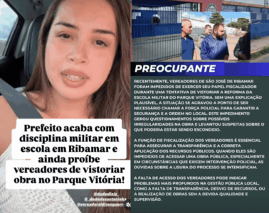 Prefeito de Ribamar acaba com ensino militar na Escola Tiradentes e ainda impede parlamentares de vistoriar andamento de obra na escola, denuncia vereadora…