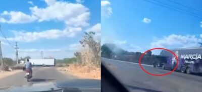 VÍDEO: Ônibus da cantora Márcia Fellipe colide em motociclista e acidente quase termina em tragédia