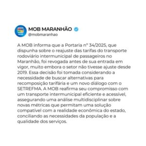 MOB revoga portaria que previa aumento de 40% nas passagens intermunicipais