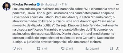 Nikolas Ferreira pedirá impeachment de Flávio Dino por interferência na política do MA