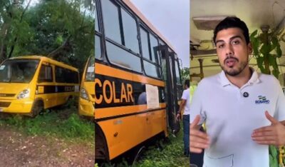 Prefeito encontra “cemitério” de ônibus escolares sucateados em Rosário