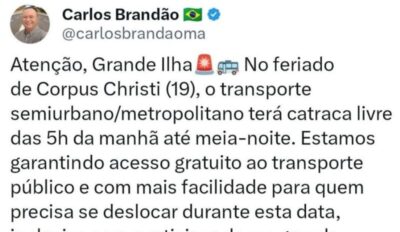Brandão anuncia transporte gratuito no feriado de Corpus Christi