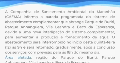 Caema informa suspensão programada do abastecimento de água em quatro bairros de Imperatriz