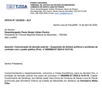 Juíza comunica TRE sobre suspensão de direitos políticos de Hemetério Weba