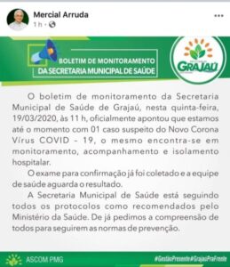 Prefeito Mercial Arruda comunica que Grajaú tem o primeiro caso suspeito do Coronavírus