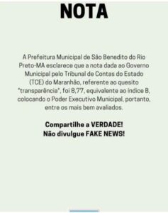 PREFEITURA MUNICIPAL DE SÃO BENEDITO DO RIO PRETO EMITE NOTA SOBRE FAKE NEWS.