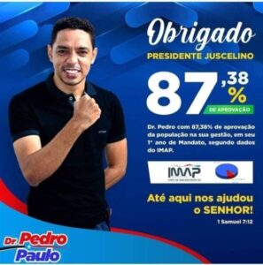 PREFEITO PEDRO PAULO TEM MAIS 87% DE APROVAÇÃO NOS 365 PRIMEIROS DIAS DE GESTÃO EM PRESIDENTE JUSCELINO.