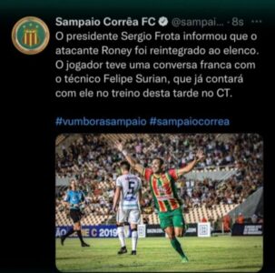 Sampaio anuncia “volta” de Roney