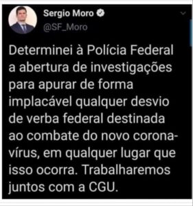 SE CUIDEM!! Por ordem de Sérgio Moro, Polícia Federal em parceria com CGU irão investigar possíveis desvios dos recursos do COVID-19