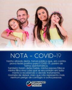 URGENTE!! Deputado Fernando Pessoa, sua esposa Erika e sua filha testam positivo para Covid-19