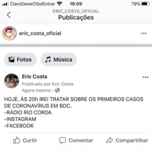 URGENTE!! Prefeito Eric Costa vai anunciar às 20h que Barra do Corda já tem casos de COVID-19 confirmados