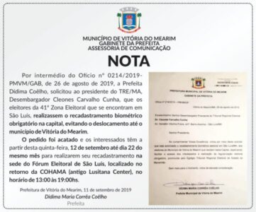 Eleitores de Vitória do Mearim poderão fazer recadastramento biométrico em São Luís…