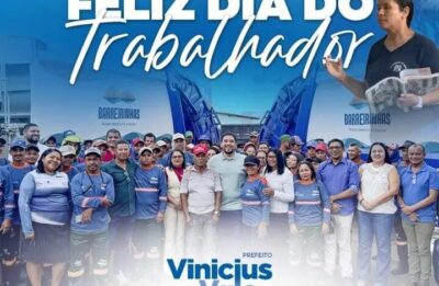 O prefeito Vinícius Vale saúda trabalhadores no Primeiro de Maio