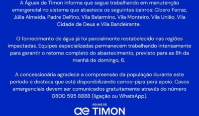 Águas de Timon segue trabalhando para normalizar abastecimento em bairros