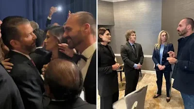 Eduardo Bolsonaro e Michelle são recebido por Trump Jr. e encontra Javier Milei antes da posse de Trump