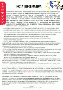 “SERVIDORES PÚBLICOS DE ARARI, A LUTA CONTINUA E AGORA MAIS DO QUE NUNCA PRECISAMOS DE UNIÃO PARA SOMARMOS NA BUSCA PELOS DIREITOS”