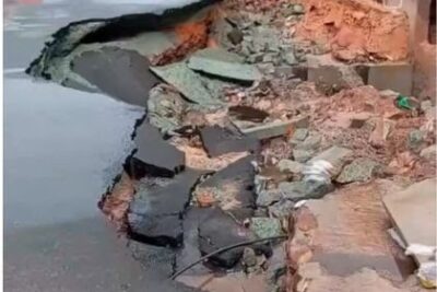 Asfalto derreteu na chuva e uma erosão se abriu na obra da prefeitura na Avenida São Jerônimo de Albuquerque em São Luís do Maranhão