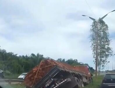 Caminhão carregado de tijolos sai da pista próximo a descida do viaduto de Bacabeira