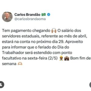 Brandão antecipa salário de abril e dá ponto facultativo depois do feriado do trabalhador