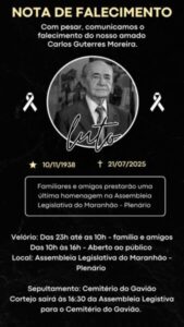 Morre em São Luís, aos 86 anos, o ex-deputado estadual Carlos Guterres; conheça a história do grande político