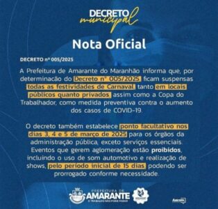 Por conta da Covid, prefeito suspende Carnaval em Amarante do Maranhão