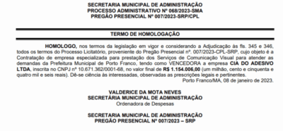 Em ano eleitoral, prefeitura de Porto Franco licita gastos de mais de 1 milhão com casa de adesivos