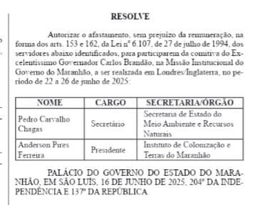 Brandão oficializa afastamento para missão na Inglaterra; Camarão assumirá Governo
