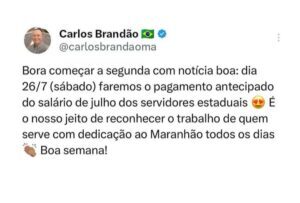 Brandão antecipa pagamento dos salários de julho para o próximo sábado (26)