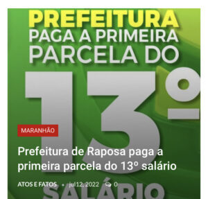 Prefeitura de Raposa paga a primeira parcela do décimo terceiro salário nesta terça-feira