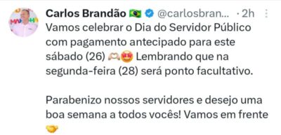 Brandão anuncia pagamento antecipado e feriado prolongado para servidores