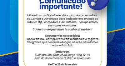 Godofredo Viana : Prefeitura abre inscrições para o cadastro cultural de artistas locais