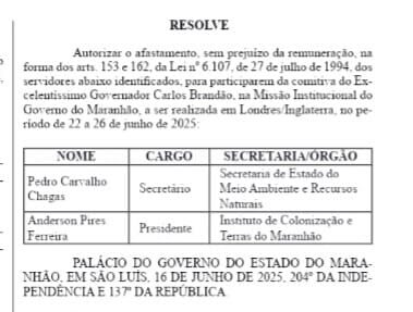 Brandão oficializa afastamento para missão na Inglaterra; Camarão assumirá Governo