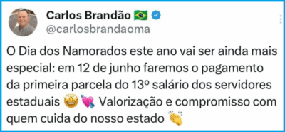 Brandão antecipa primeira parcela do 13º salário dos servidores estaduais