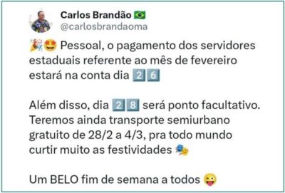 Governador Brandão anuncia pagamento antecipado, ponto facultativo e transporte gratuito no Carnaval