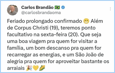 Governador Brandão confirma feriado prolongado na próxima semana