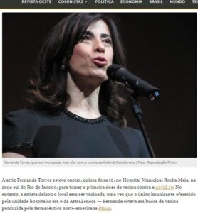 E agora? Atriz Fernanda Torres se recusa tomar vacina da Astrazeneca. Atriz deixou posto de vacinação em busca da vacina americana da Pfizer…