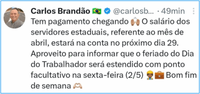 Governador Brandão antecipa salário de servidores e anuncia ponto facultativo no dia 2