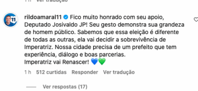 Rildo agradece apoio de JP no 2º turno em Imperatriz