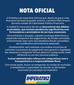Rildo Amaral decreta estado de calamidade financeira em Imperatriz