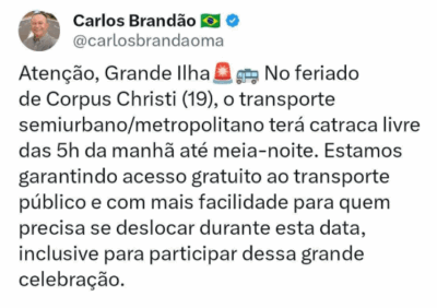 Transporte gratuito na Grande Ilha durante o feriado de Corpus Christi
