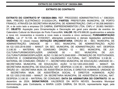 Empresa de Carolina fatura contrato de quase meio milhão com a prefeitura de Porto Franco
