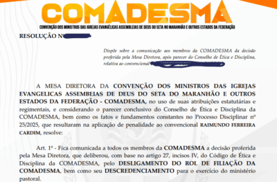 Nova manobra da COMADESMA usa conselho de ética para punir pastores que já haviam pedido desligamento.  Dinheiro da previdência seria o olho do furacão.