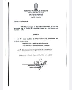 Prefeito Zé Martins decreta ponto facultativo e feriados nos dias 17, 18 e 21 em Bequimão