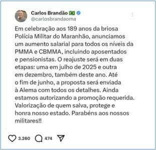 Governador Carlos Brandão anuncia reajuste salarial e promoções para PM’s e Bombeiros