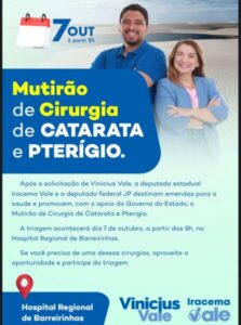 Mutirão de Cirurgia de Catarata e Pterígio em Barreirinhas: Vinícius Vale lidera esforços com deputados para beneficiar a população