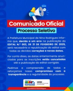 Prefeitura de Nina Rodrigues Anuncia Republicação de Edital com Correções