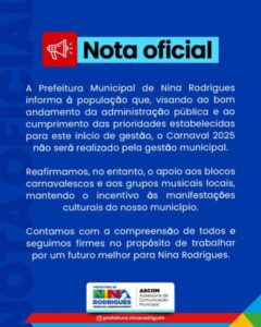 Prefeitura de Nina Rodrigues prioriza gestão pública e mantém apoio à cultura local no Carnaval 2025