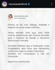Iracema Vale defende que Federação tenha uma vaga na chapa majoritária