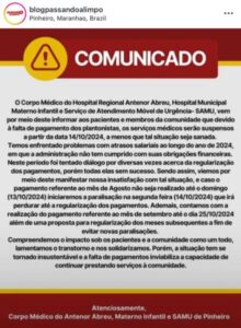 Médicos ameaçam paralisar atendimento por falta de pagamento em Pinheiro