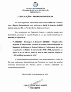PV convoca sessão extraordinária para votar aumento de professores